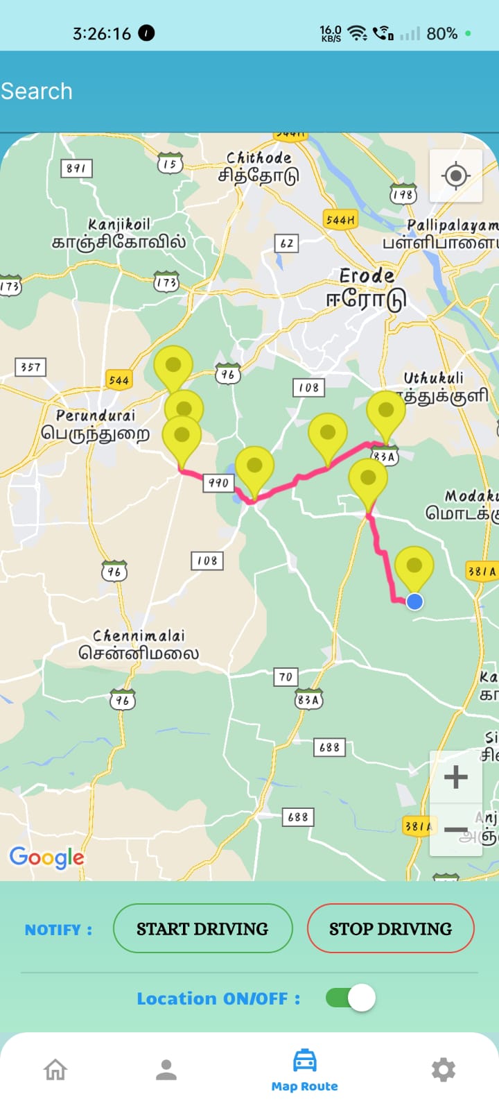 Simulation Driver Location of SMART TRAVELLERS APP