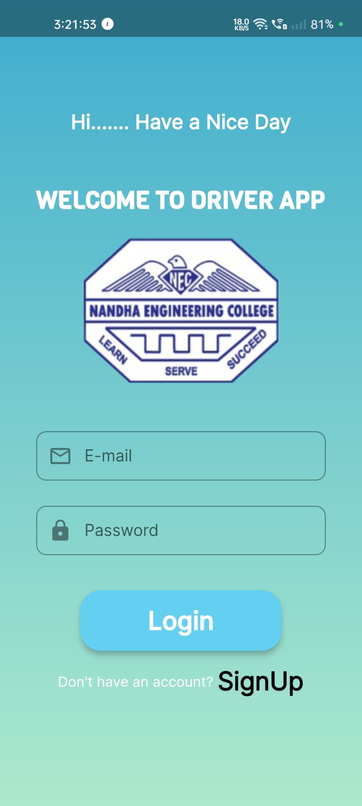 Simulation Driver Login of SMART TRAVELLERS APP