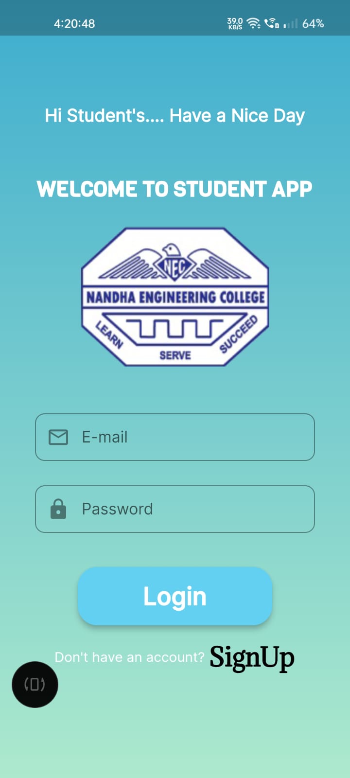 Simulation Student Login of SMART TRAVELLERS APP